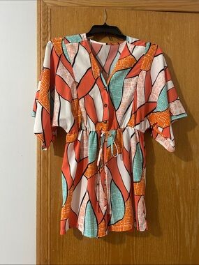 SHEIN Orange Coral Mint Abstract Print Short Jumpsuit Romper